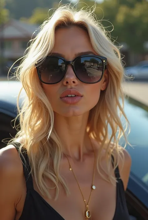 Beautiful blond woman with blue eyes wearing dark glasses next to her car sending a kiss