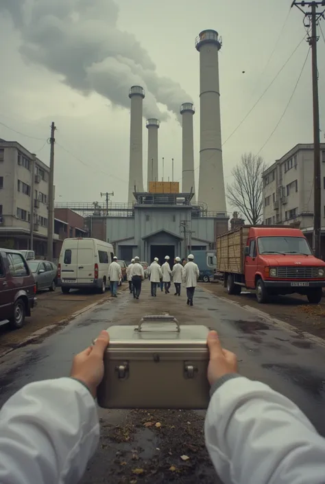 A first-person perspective (POV) of someone arriving at work outside the Chernobyl power plant in Pripyat, Soviet Ukraine, in 1986, before the disaster. The viewer's hands are visible, wearing a Soviet-era white lab coat, carrying a metal lunchbox. The mas...