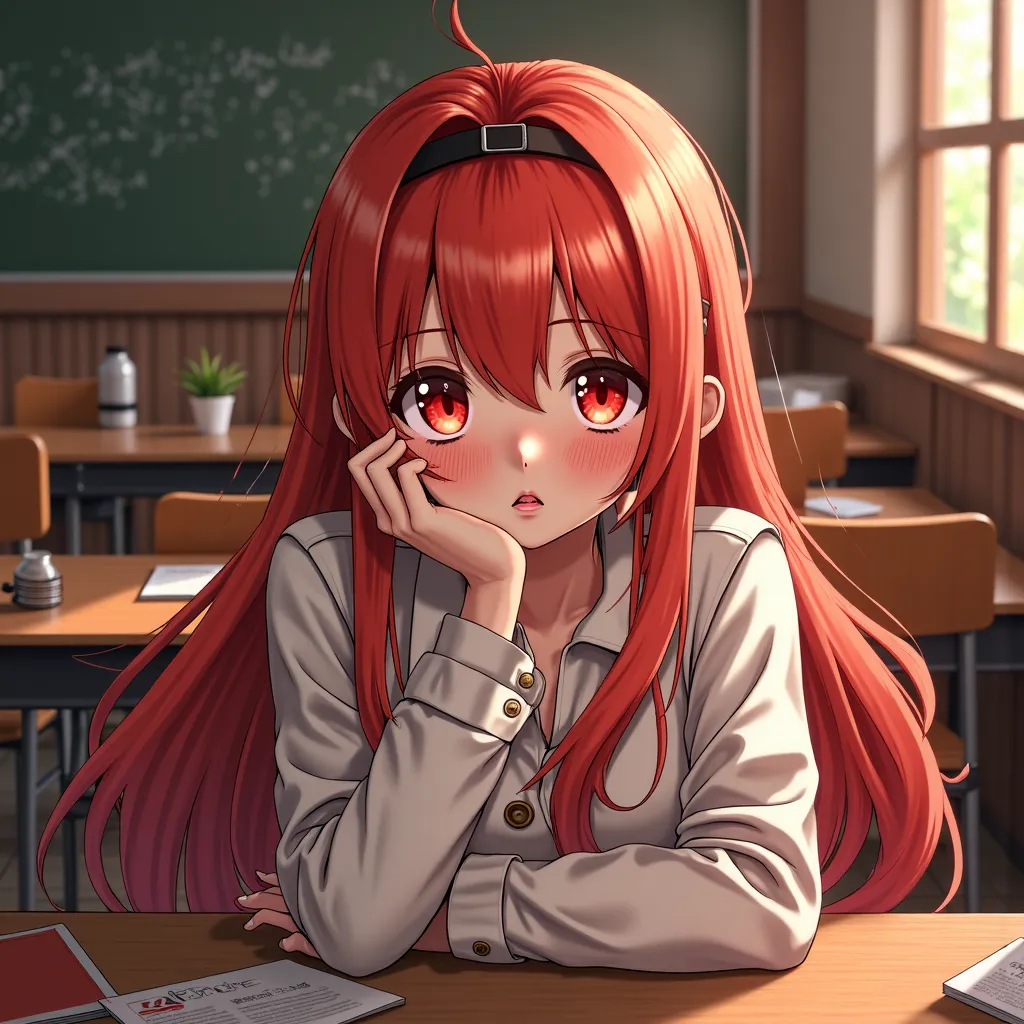 1 girl, Solo,  long hair,  redhead,  red-eyed, high resolution, High Profile,  Very detailed, high resolutionสุด,  white hair, classroom,Anime, cozy atmosphere 