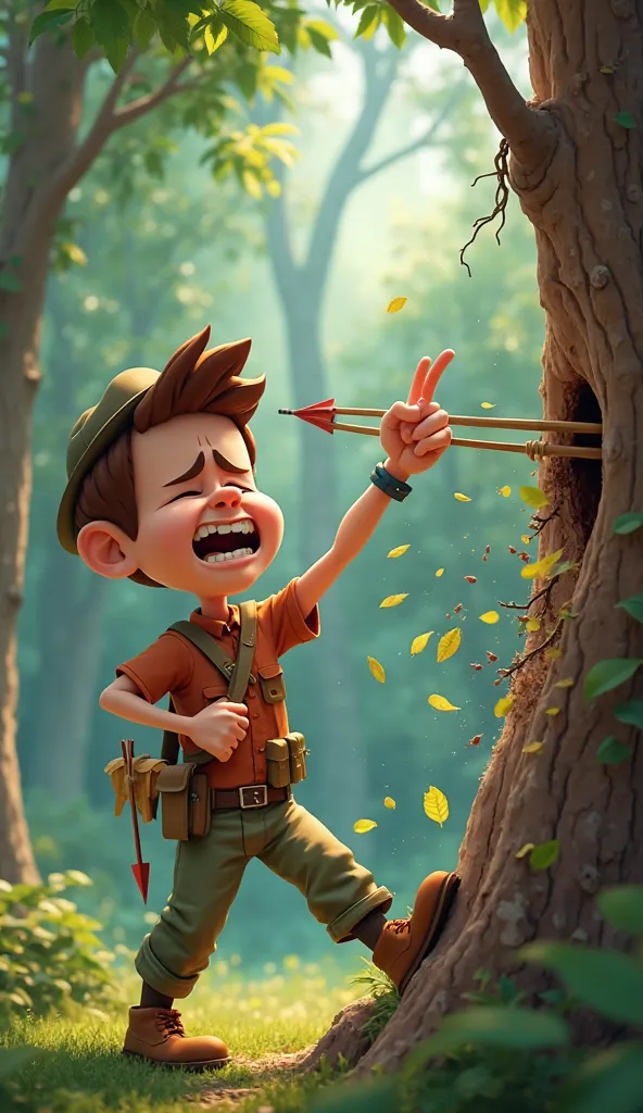 As the hunter jerks his foot in pain, the arrow shoots off course and gets lodged into a tree trunk instead of the elephant. The impact sends a few leaves falling from the tree.
3D CARTOON