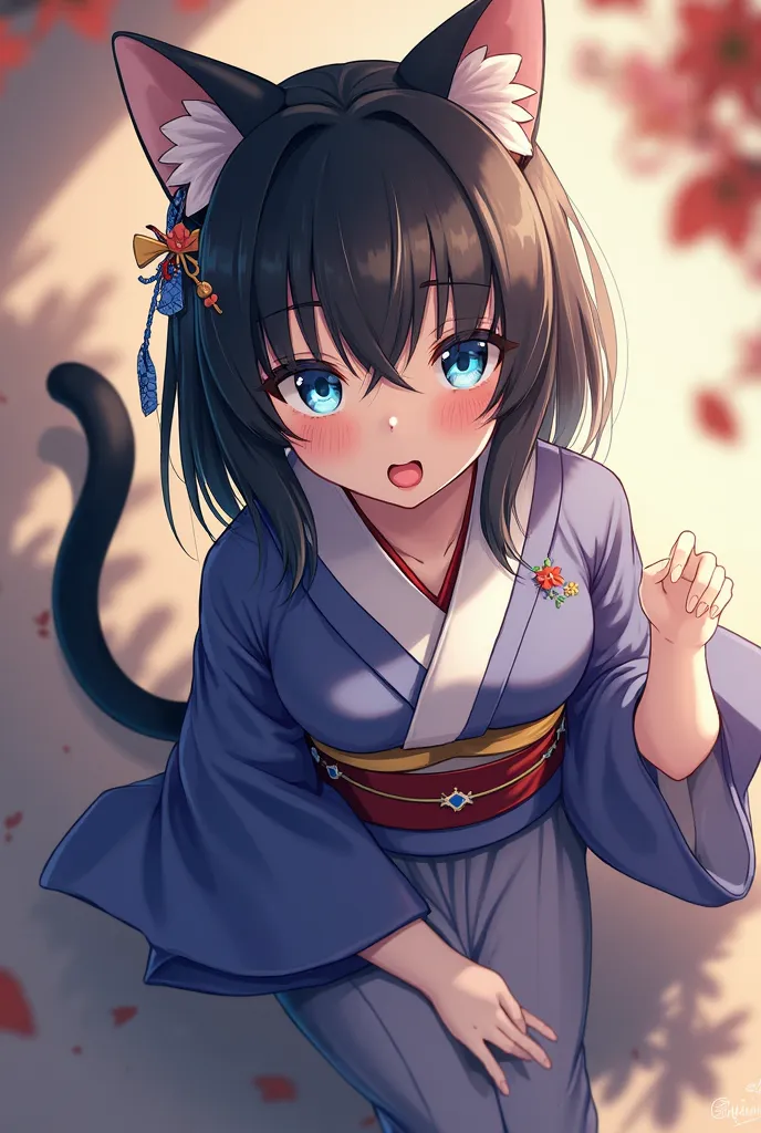 Cat girl with branchy black hair,dressed in a kimono , blue eyes, medium height, seen by the viewer,bewilderment, with the hair ornament , stick out your tongue,  top view, Breasts, Double tail,bangs.