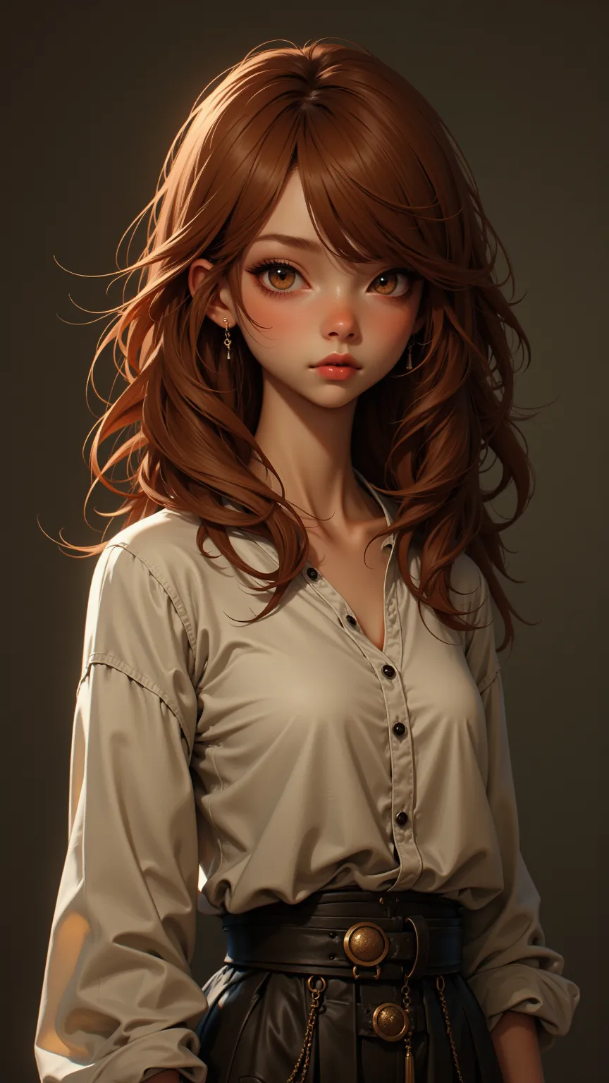 An impressive feat，3D Rendering，Realistic，Antique painting，smooth skin，depicts a lonely girl，skin tanned bronze，Wavy reddish brown hair with subtle highlights，shows rich hazel eyes，wearing a cotton shirt and a high-waisted skirt。