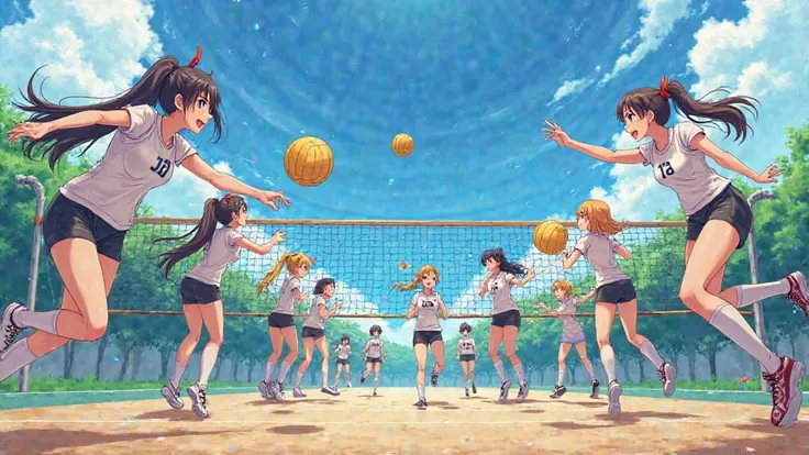 Anime girls different style playing volleyball  shorts