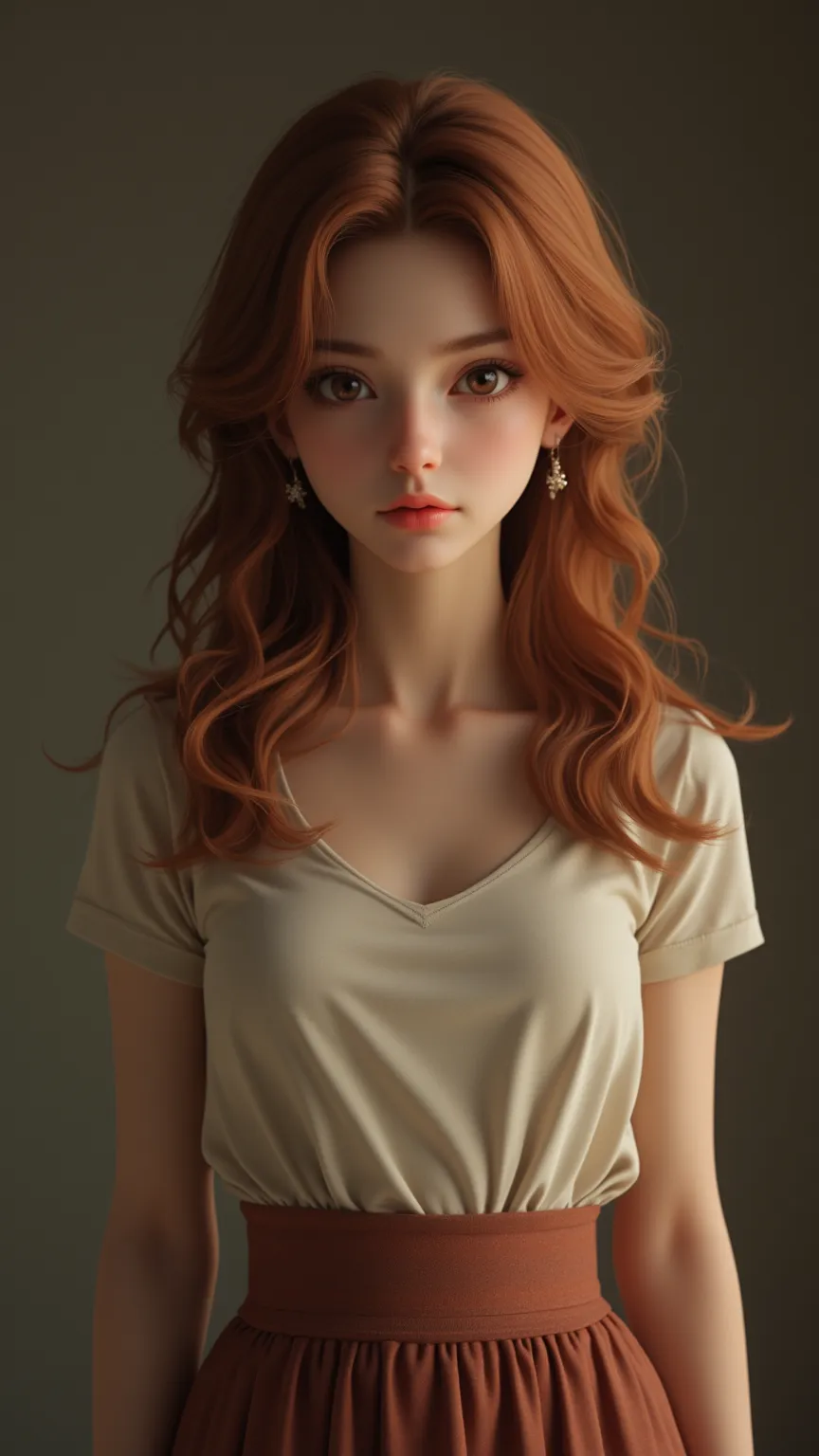 An impressive feat，3D Rendering，Realistic，Antique painting，smooth skin，depicts a lonely girl，skin tanned bronze，Wavy reddish brown hair with subtle highlights，shows rich hazel eyes，wearing a cotton shirt and a high-waisted skirt。