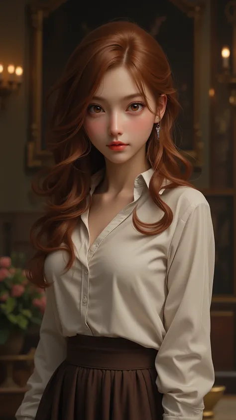 An impressive feat，3D Rendering，Realistic，Antique painting，smooth skin，depicts a lonely girl，skin tanned bronze，Wavy reddish brown hair with subtle highlights，shows rich hazel eyes，wearing a cotton shirt and a high-waisted skirt。