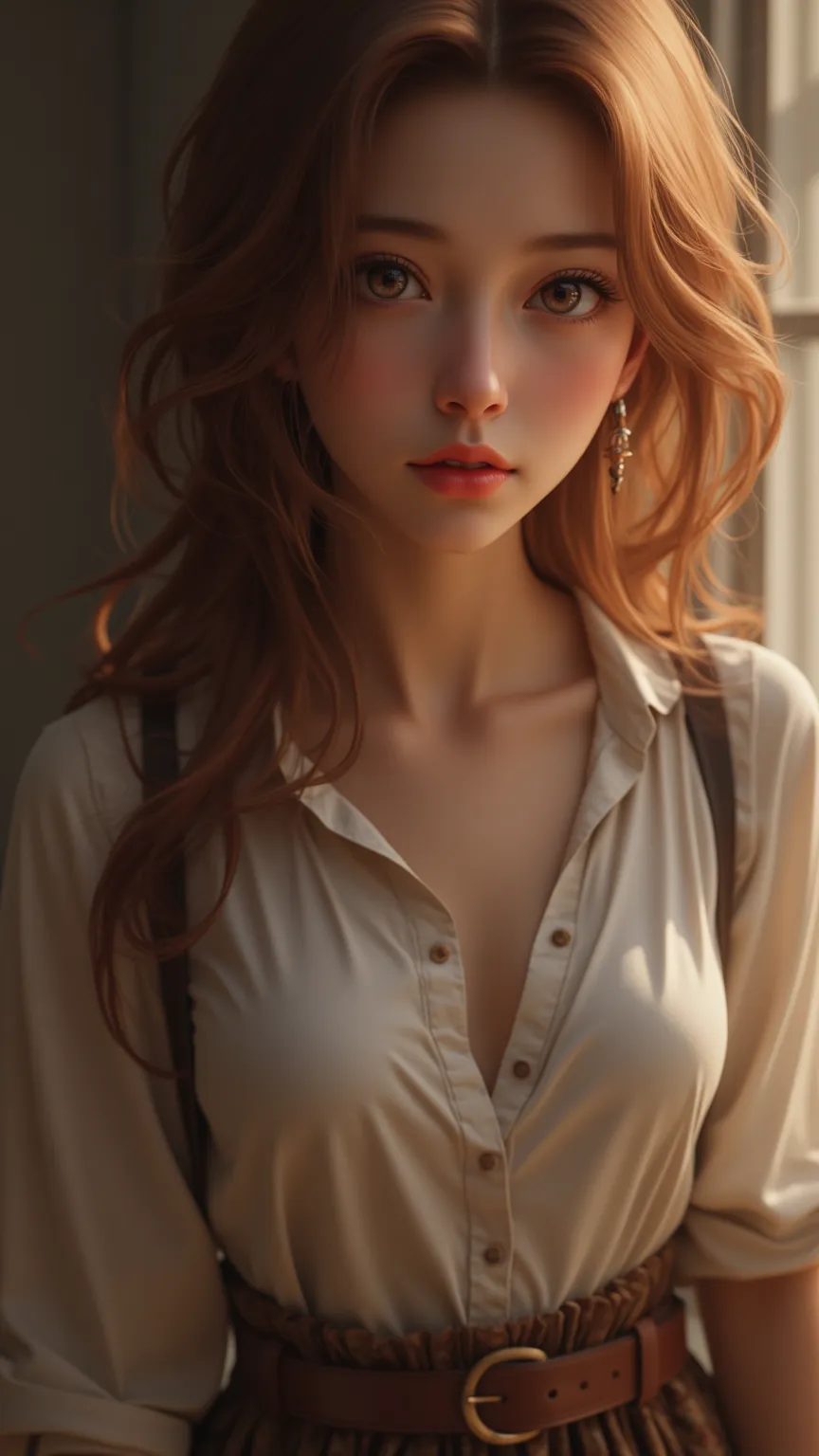 An impressive feat，3D Rendering，Realistic，Antique painting，smooth skin，depicts a lonely girl，skin tanned bronze，Wavy reddish brown hair with subtle highlights，shows rich hazel eyes，wearing a cotton shirt and a high-waisted skirt。