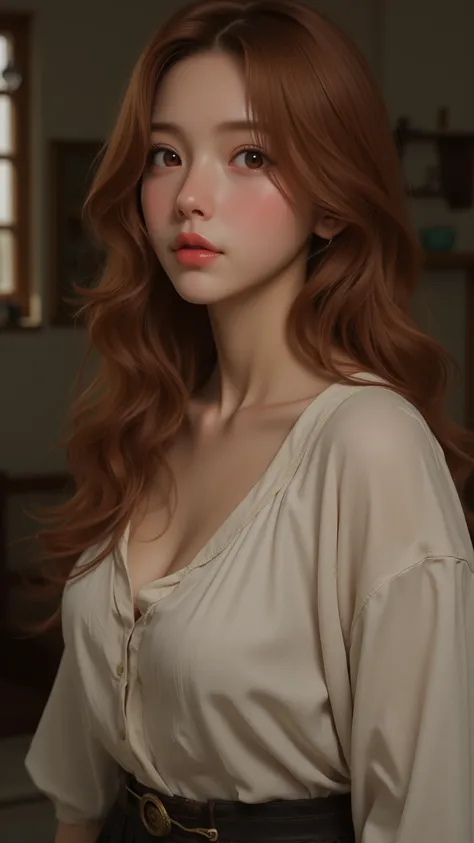 An impressive feat，3D Rendering，Realistic，Antique painting，smooth skin，depicts a lonely girl，skin tanned bronze，Wavy reddish brown hair with subtle highlights，shows rich hazel eyes，wearing a cotton shirt and a high-waisted skirt。