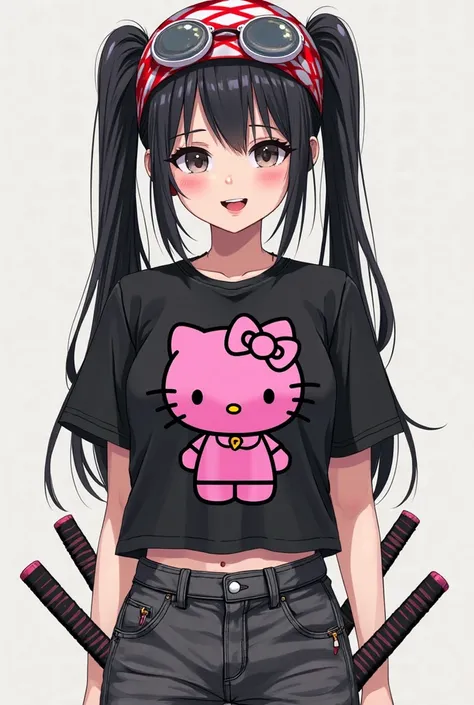 female character with long black hair two short pigtails on each side pale skin with her mouth sticking out her tongue, Who has some teeth like that of a vampire who wears a black and half-short t-shirt with a pink silhouette of a Hello Kitty body, dark gr...