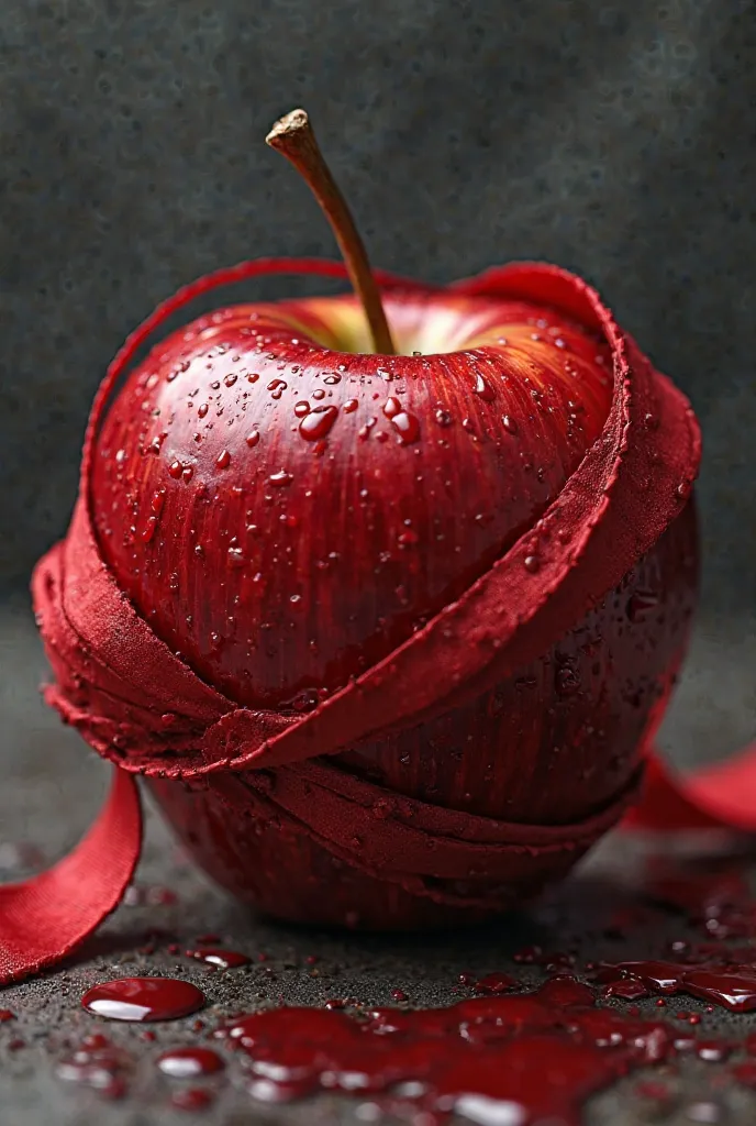 Realistic red apple, red ribbon enveloped around the apple, book cover, blood dripping from apple, 4K 