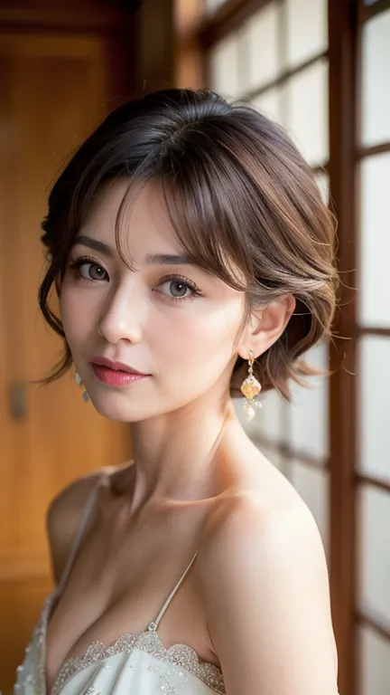 (best quality, masterpiece:1.2), ultra high res, raw photo, photorealistic, full color, Japanese, 1 woman, 65 years old, elegant pretty face, realistic eyes, heart face, small breasts, medium hair, layered cut, formal dress