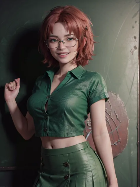 close-up, upper body. Short, ( red hair:1.6), (green eyes:1.6), (diopter glasses with metal frames:1.2), (green shirt with buttons:1.6), ( green skirt :1.6), (smiling:1.6) girl  (stands in front of a blackboard:1.6). ( Masterpiece , top quality shirt, best...