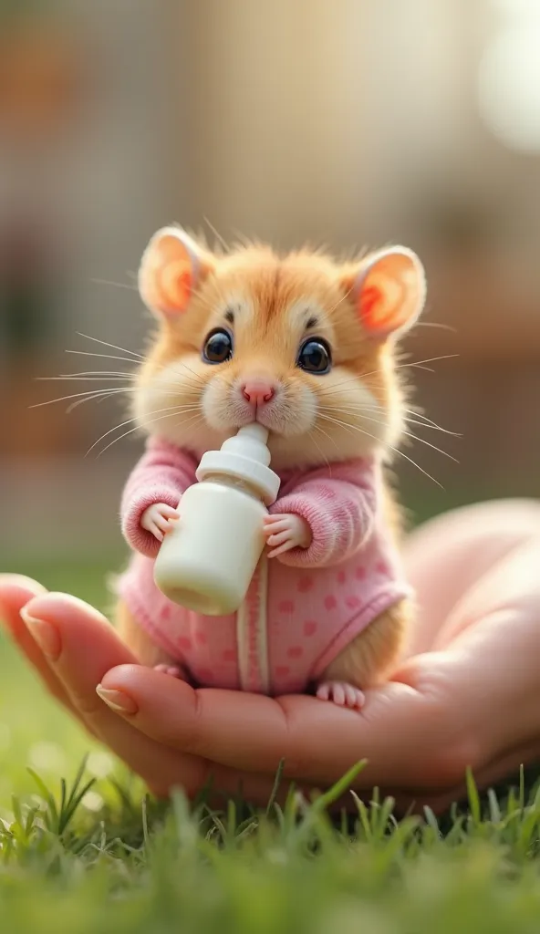 "A tiny, round baby hamster with golden-brown fur sits on a human finger, its chubby cheeks puffed up. It wears a pastel pink baby onesie with tiny polka dots. The hamster holds a miniature milk bottle with both paws, drinking eagerly. The bottle is clear ...