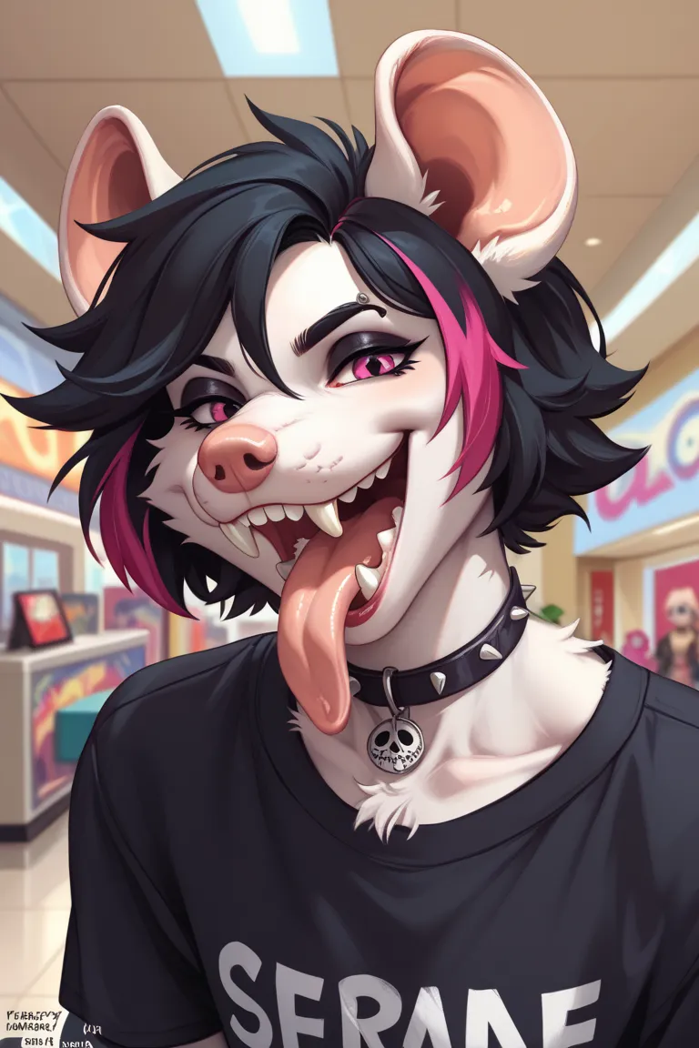 a furry opossum girl, smirking expression, tilting her head, attractive, cartoon, close-up of her open mouth, sharp pointy teeth, long pink tongue hanging out of her mouth, short spikey black hair with a pink streak, white ears, emo furry, looking at viewe...