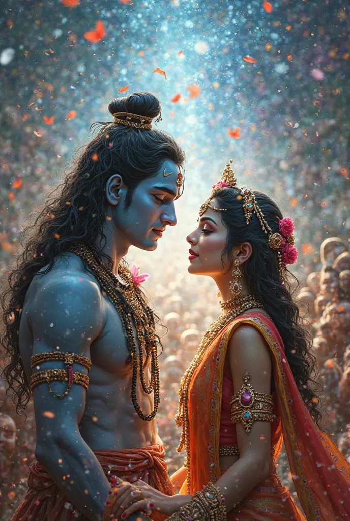 "A magnificent digital artwork depicting the divine wedding of Lord Shiva and Goddess Parvati. The image showcases a mystical and celestial atmosphere, radiating their divine aura. Lord Shiva, with the sacred Ganga flowing through his matted locks and the ...