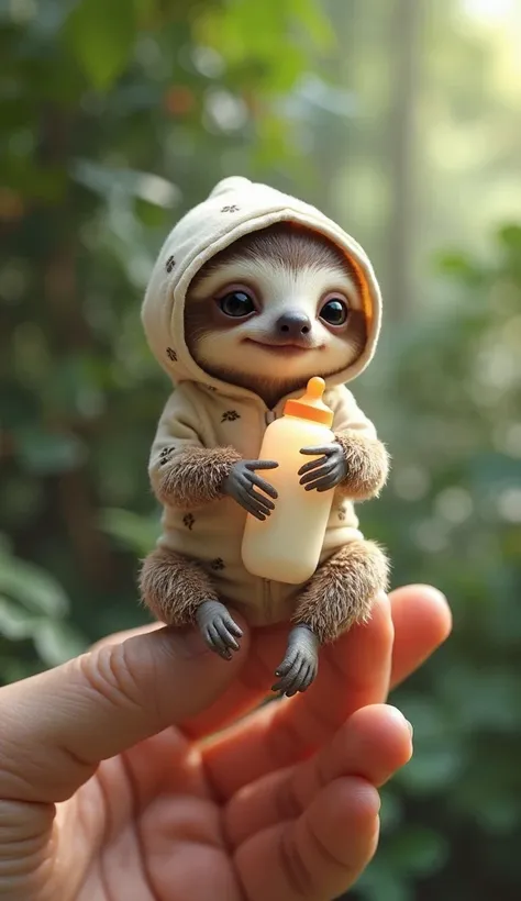 "A tiny, baby sloth with soft, brown fur and long, delicate claws sits lazily on a human finger. It wears a cream-colored baby onesie with tiny leaf patterns and a matching hood. Its big, sleepy eyes blink slowly as it holds a tiny milk bottle in its littl...