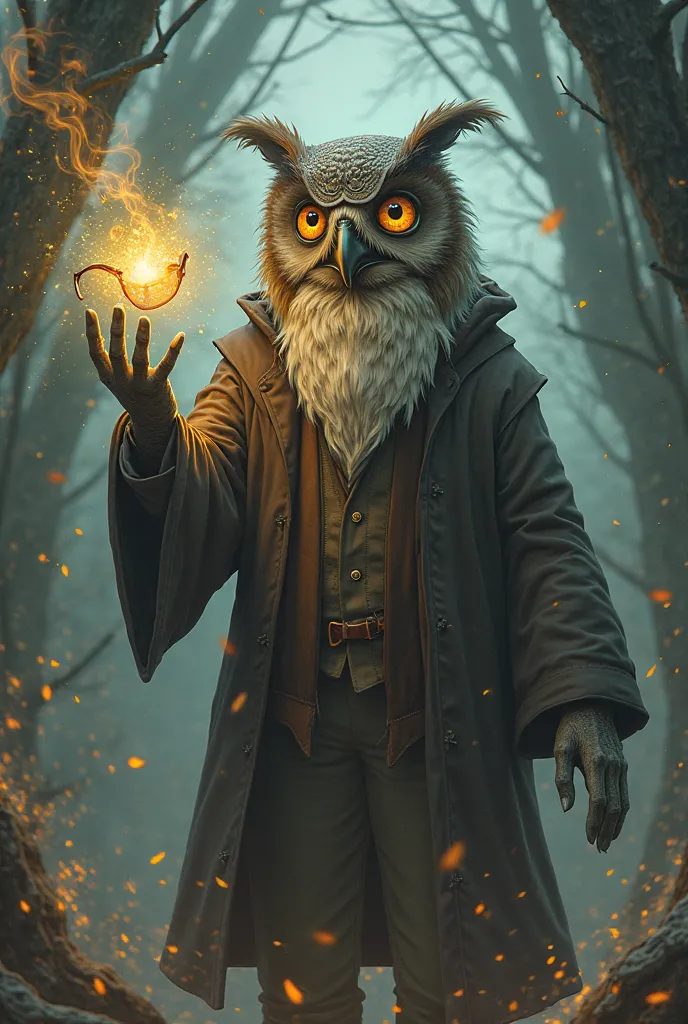 Professor Owl Shaped Man with Magic Wearing One-Legged Glasses