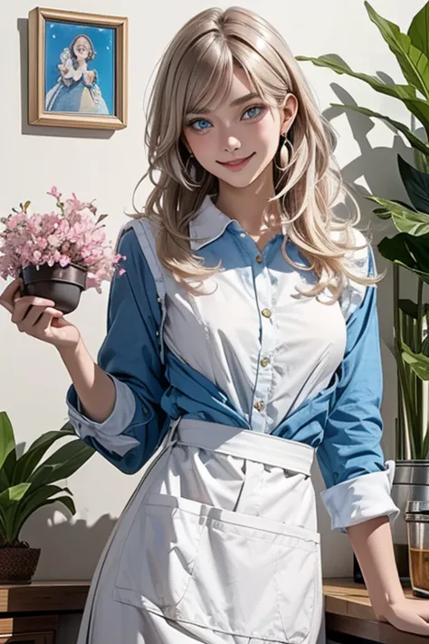 (from below:1.1),((1girl, silverblonde hair, long hair, qutel blue eyes, beautiful eyes, pretty smile:1.5, ), coloring watercolor digital pencil ,Cherry blossoms falling,an animated painting of a woman in an apron standing at a coffee maker, 1girl, brown h...