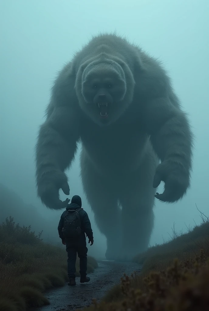 A modern-day hiker frozen in fear as a massive Milodón steps out from the dense Patagonian fog. The creature’s thick fur glistens under the dim light, its powerful muscles visible beneath, creating an eerie yet awe-inspiring moment."