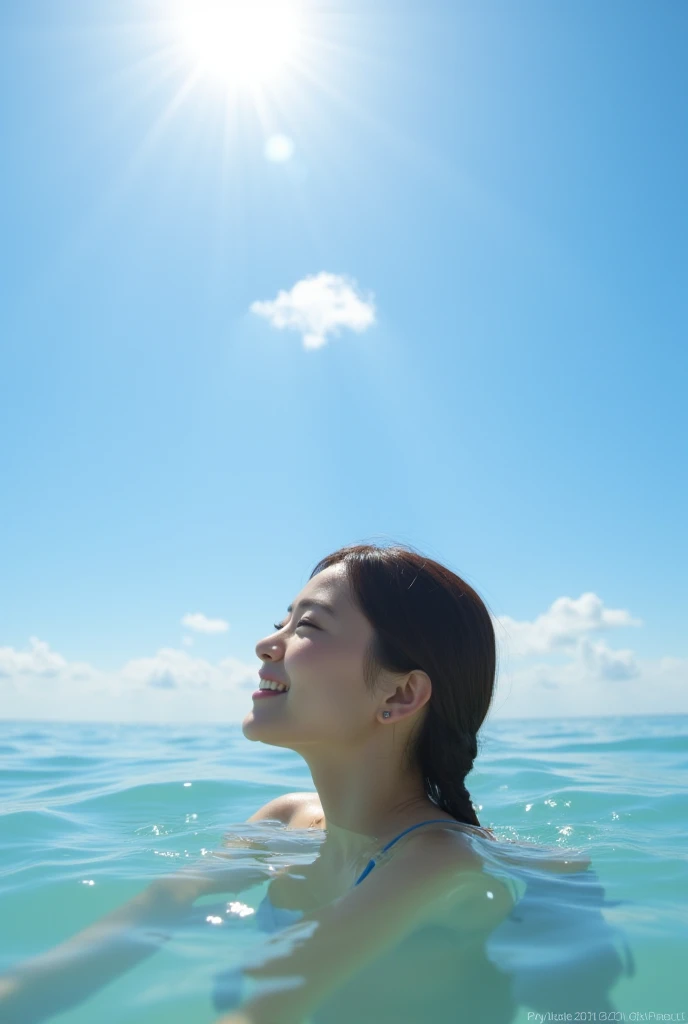  shining sunlight  , A Single Cloud in the Sky, 
In a high resolution image of a brown-haired Japanese woman 、 swimming in the ocean while smiling shyly、I invite you to swim with me,  masterpiece, anatomically accurate, TOP QUALITY, high detail, textured s...