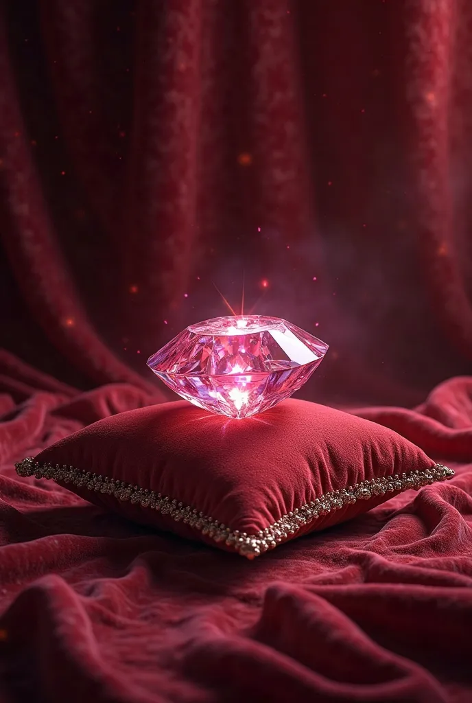 Create an image of a gemstone standing on a velvet pillow on a dark red royal themed background 