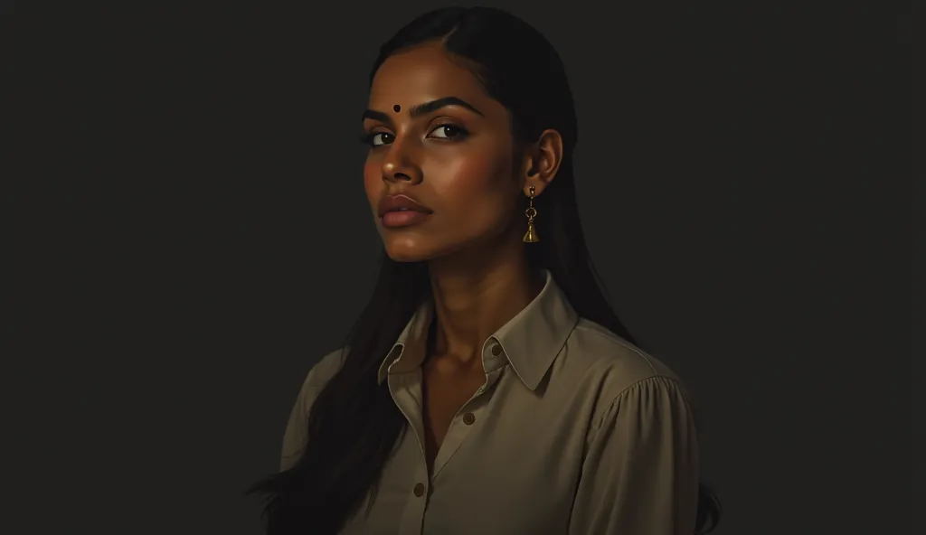 Indian woman, wearing white collared button blouse, big nose