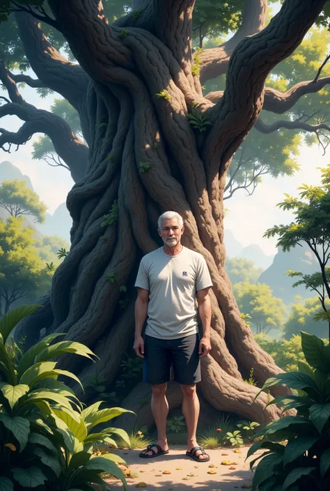 I want to create a picture of the old man next to the giant tree.