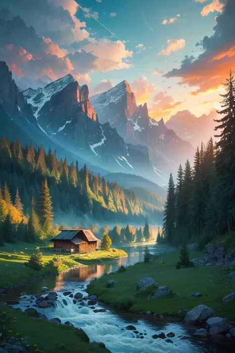 
Scenes from another world with real magic: There are mountains, a river,There is a hut, Lush vegetation, Traveler, Scenery that can be seen far away , evening, nostalgic