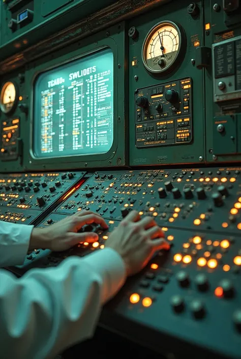 A first-person perspective (POV) of someone operating the control panel inside the Chernobyl power plant in Pripyat, Soviet Ukraine, in 1986, before the disaster. The viewer's hands are visible, wearing a Soviet-era white lab coat, adjusting dials and pres...