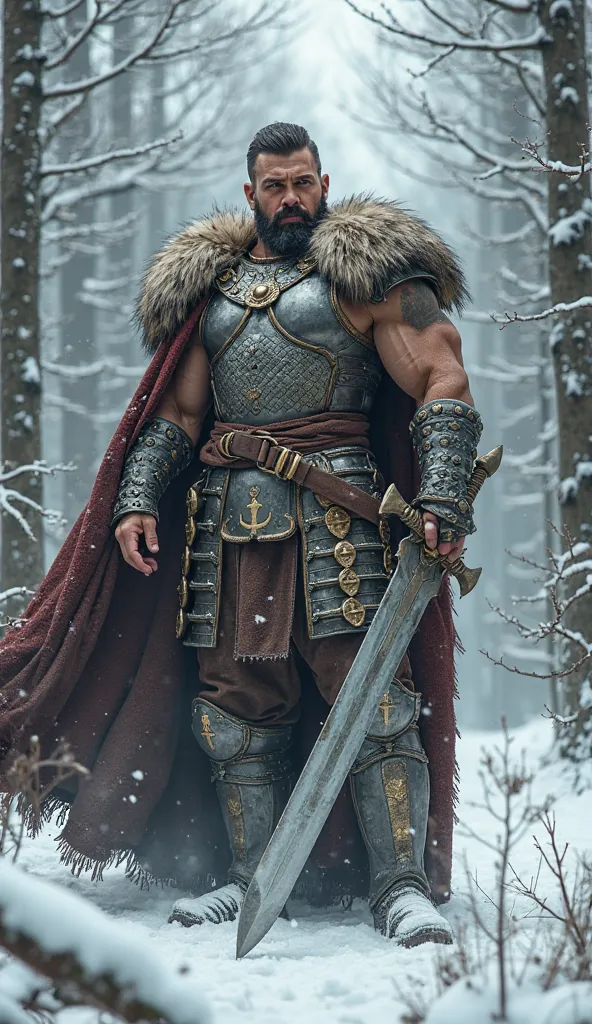 "Depict Hercules as a Russian bogatyr, wearing traditional armor and a fur cloak. He holds a massive sword and stands in a snowy forest, exuding strength and resilience."