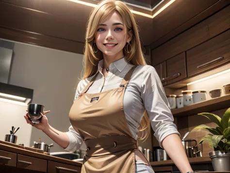 (from below:1.1),((1girl, blonde hair, long hair, qutel blue eyes, beautiful eyes, pretty smile:1.5, ), coloring watercolor digital pencil ,Cherry blossoms falling,an animated painting of a woman in an apron standing at a coffee maker, 1girl, brown hair, s...