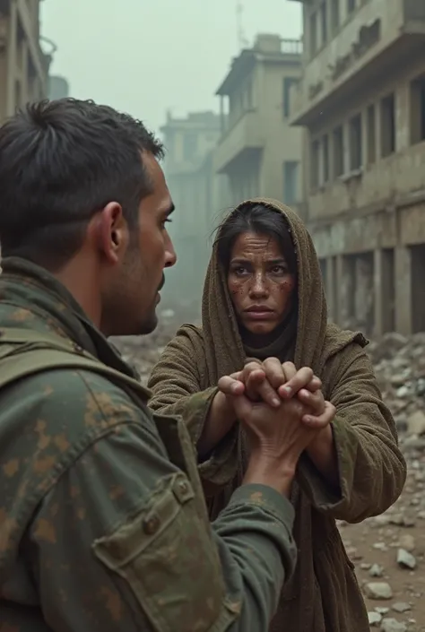 First-person perspective of a mother and  reaching out towards the soldier, begging for help. Tears streak their dirt-covered faces as destruction engulfs the background, a collapsed building behind them ultra realistic