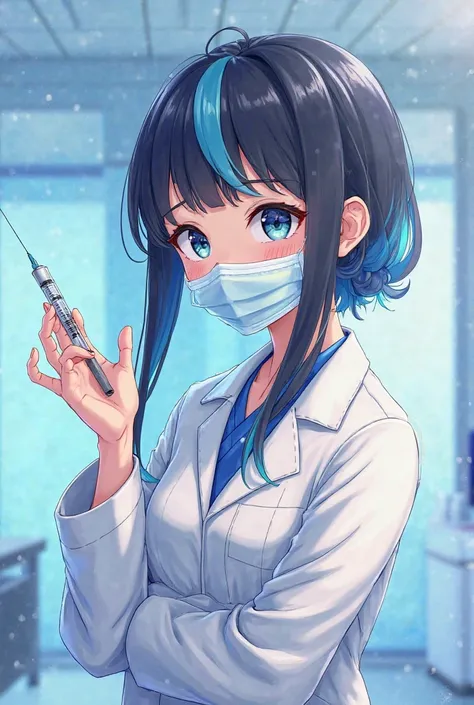 Nurse in white coat with mask and syringe , Of white tea with black hair and blue locks animation style