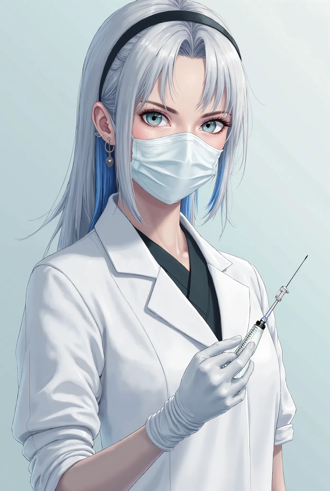 Nurse in white coat with mask and syringe , of white tea with black hair and blue locks