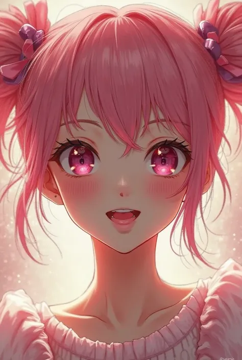 ( close-up of an excellent masterpiece:1.5)0.9]，(messy pink hair:1.1) ( pink eyes:1.2) (Dazzling light:1.1) (Thick lips:0.9)Beautiful Girl，18 years old， double ponytail，Bow headdress， expression happy