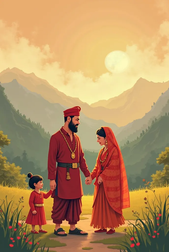 create a full-screen image featuring a Nepali Baba and Aama (father and mother) showing love for their son and daughter. You could go for a warm and vibrant design that reflects the cultural essence of Nepal, with a heartwarming scene of a family sharing l...