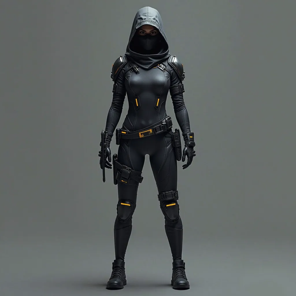 Here’s a clean prompt for your request:  

**"A highly detailed, futuristic female ninja full-body suit designed for agility and stealth. The suit is sleek and form-fitting, made of high-tech, flexible materials with reinforced armor plating on the shoulde...