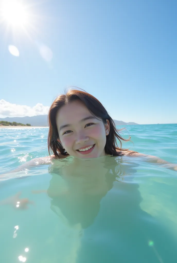  shining sunlight  , A Single Cloud in the Sky, 
In a high resolution image of a brown-haired Japanese woman 、 swimming in the ocean while smiling shyly、I'm looking at the camera and inviting them to go swimming together,  masterpiece, anatomically accurat...