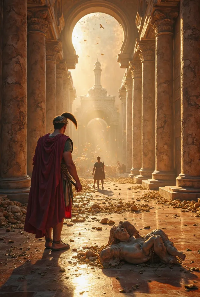 First person perspective of a Roman soldier entering the sacred temple, seeing barbarians smashing golden artifacts and looting treasures. A broken statue of Jupiter lies shattered on the marble floor ultra realistic