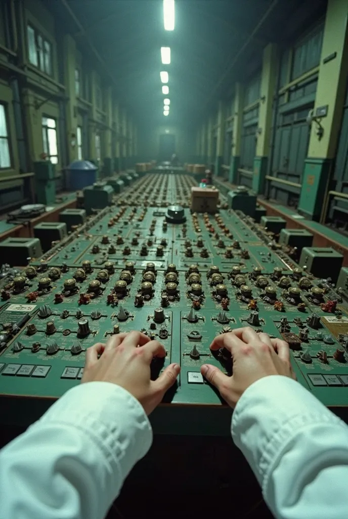 A first-person perspective (POV) of someone operating the control panel inside the Chernobyl power plant in Pripyat, Soviet Ukraine, in 1986, before the disaster. The viewer's hands are visible, wearing a Soviet-era white lab coat, resting on the control p...