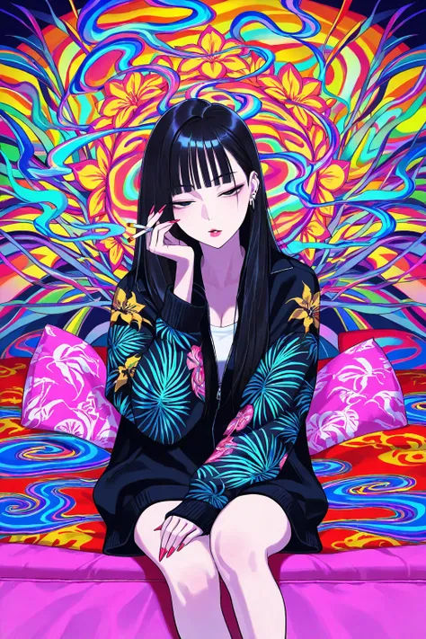 gyaru, cool beauty, black hair, slender body, half-closed eyes, rest, modern exotic fashion, tropical motif room, feet out of frame, psychedelic smoke, cigarette,