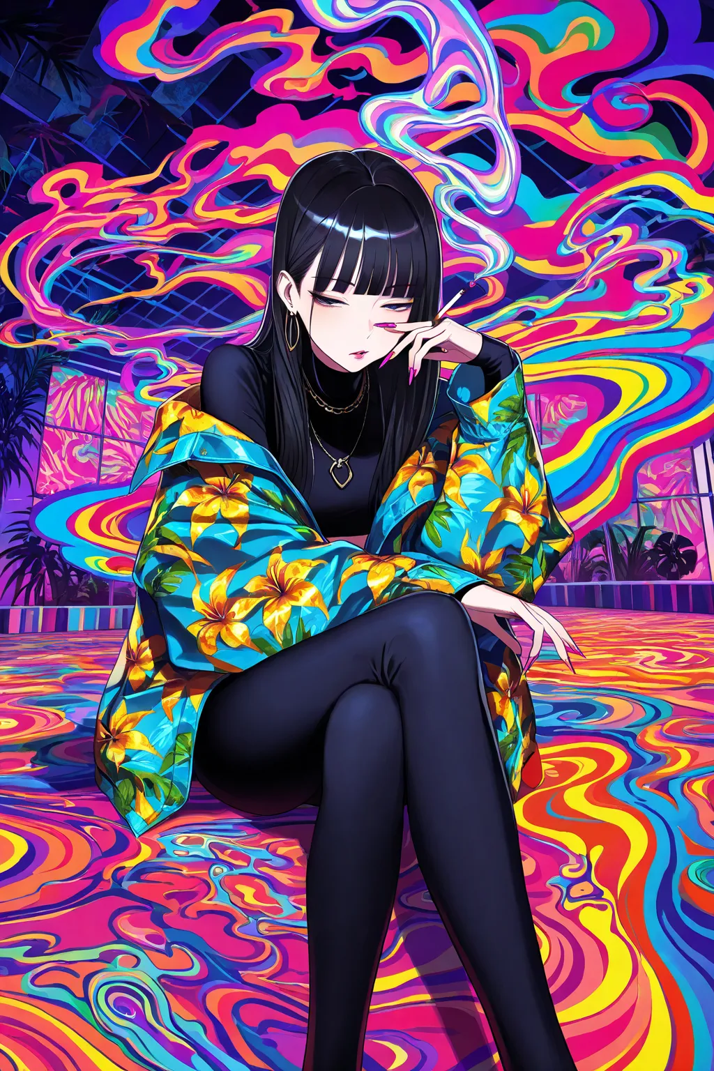 gyaru, cool beauty, black hair, slender body, half-closed eyes, rest, modern exotic fashion, tropical motif room, feet out of frame, psychedelic smoke, cigarette,