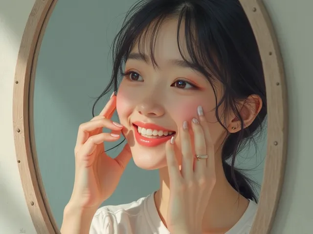 Young woman looking at white teeth through a mirror