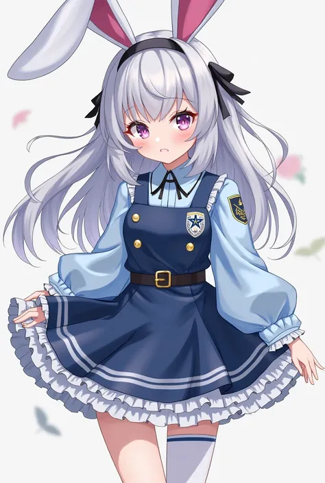 Full body. Girl.  Rabbit ears and light gray hair. 
Pink-purple eyes. Wearing a sky blue and navy blue police lolita dress.  