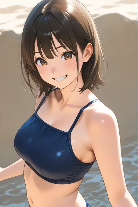 High quality texture, side angle,((solo)),one girl,Older sister, cute,  random expression,random hairstyles,swimsuit,smile,　MOVING POSE, random composition ,RANDOM SITUATIONS,summer,slightly larger breasts,
