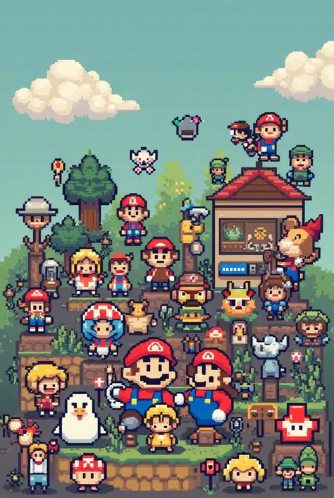 Smartphone Wallpaper,8bit ,NES game characters with the color々Characters that seem to appear in games but don't appear are arranged,pop,Pixel art,simple background,Famicom,