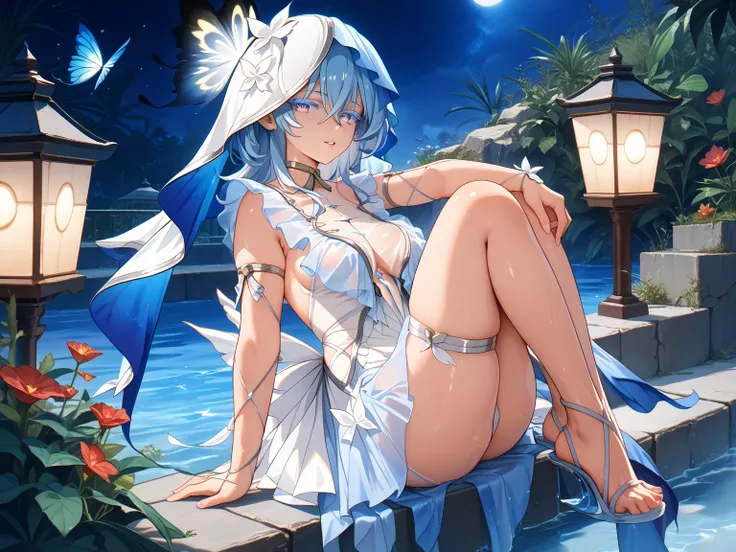 shorekeeper, blue hair, colored eyelashes, purple eyes, hair between eyes, long hair, breasts, veil, criss-cross arm straps, see-through, heel-less heels, glossy skin, glistening skin, looking at viewer, Tempting body, butterfly blue, good atmosphere, coas...