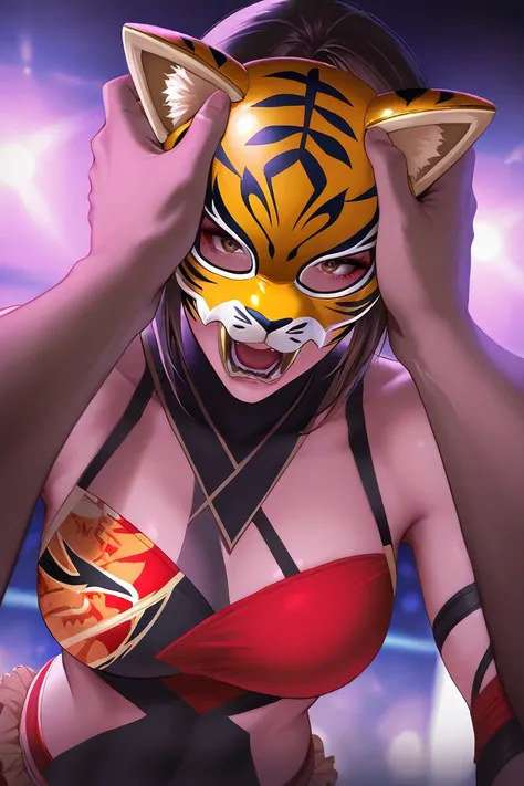 Female wrestler female tiger mask,Tiger mask cry out,shadow man unties her mask strings, shadow man grabs her head, shadow man removes her mask ,Rip off the mask by shadow man, The mask is cut with scissors ,Tiger Mask's true face revealed dead or alive,