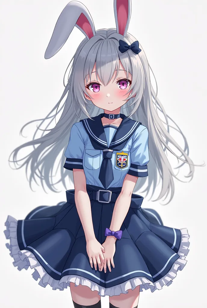 Full body. Girl.  Rabbit ears and light gray hair. 
Pink-purple eyes. Wearing a sky blue and navy blue police lolita dress.  