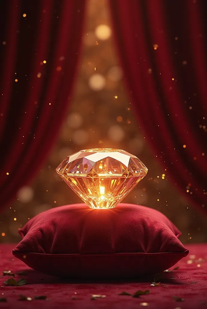 Create an image of a round gemstone standing on a velvet pillow on a dark red gold royal themed background 