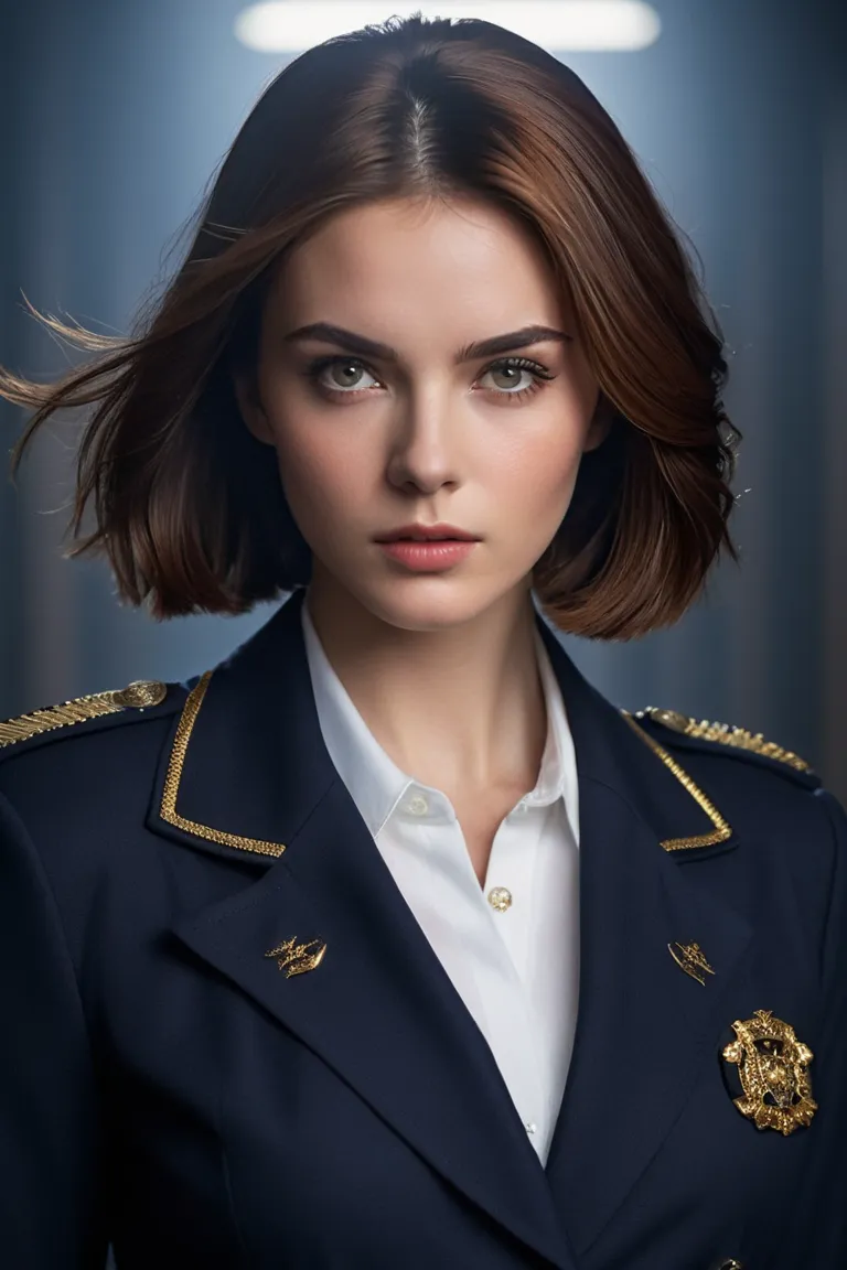 A highly detailed, ultra-realistic portrait of a fierce young woman with a strong-willed expression. She has short, auburn bob-cut hair with slight waves, parted slightly to the side. Her sharp, brown eyes are filled with confidence and determination. Her ...